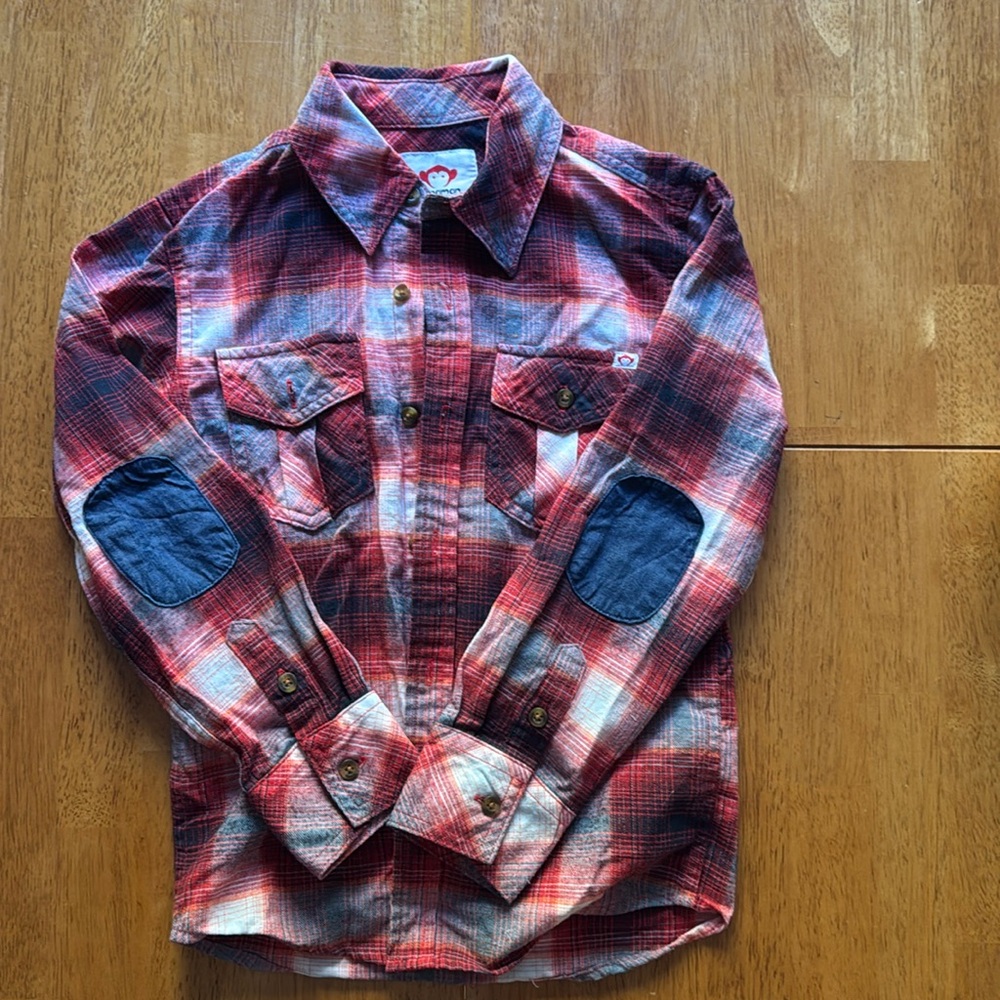 Appaman Red White Blue Plaid Button-Down with Navy Elbow Patches